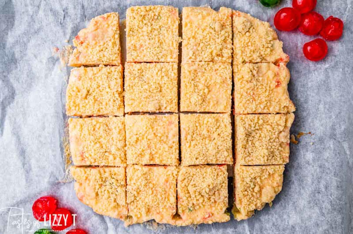 overhead view of sliced merry cherry bars