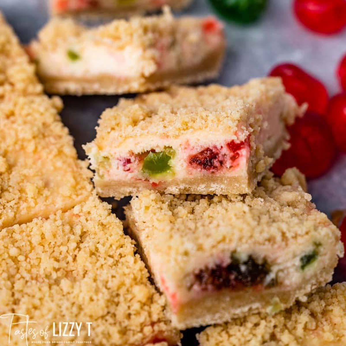 cherry cheesecake bars with candied cherries