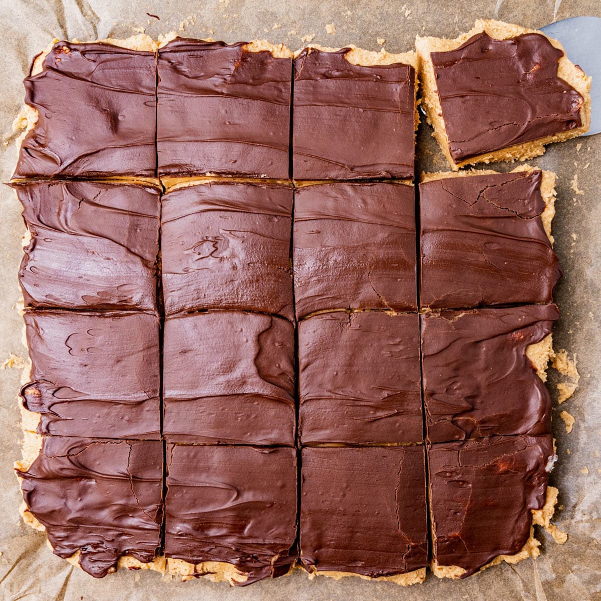 overhead view of sliced peanut butter squares