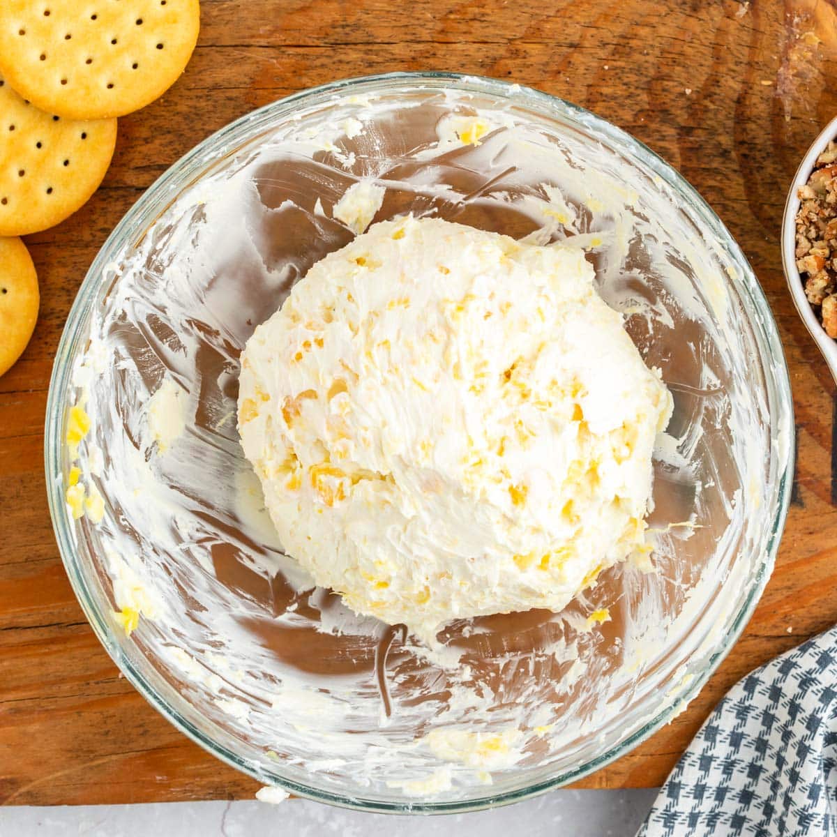 mixture for pineapple pecan cheese ball in a bowl