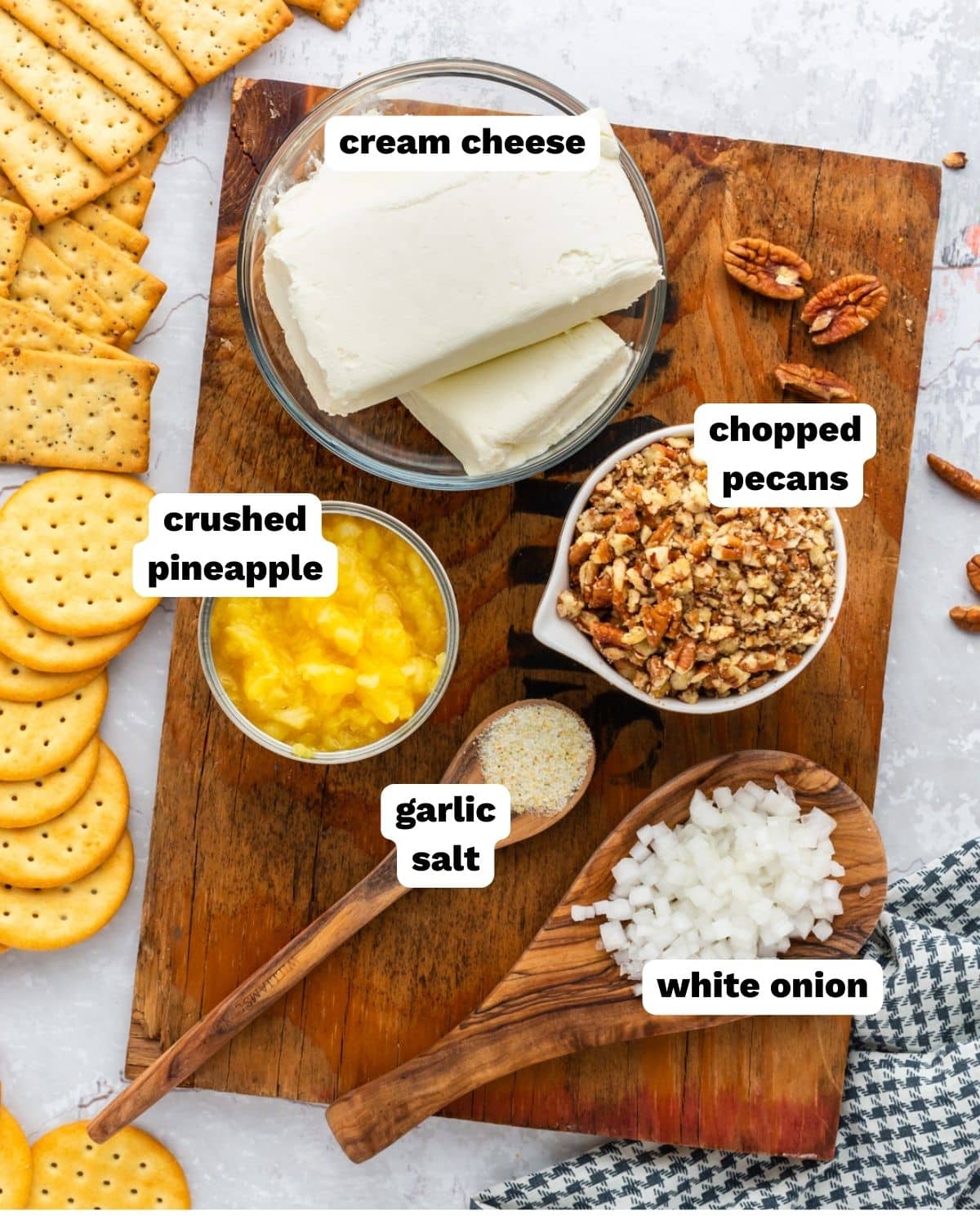 ingredients for pineapple pecan cheese ball on a table