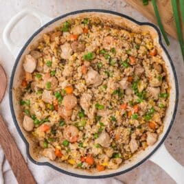 overhead view of shrimp and chicken fried rice