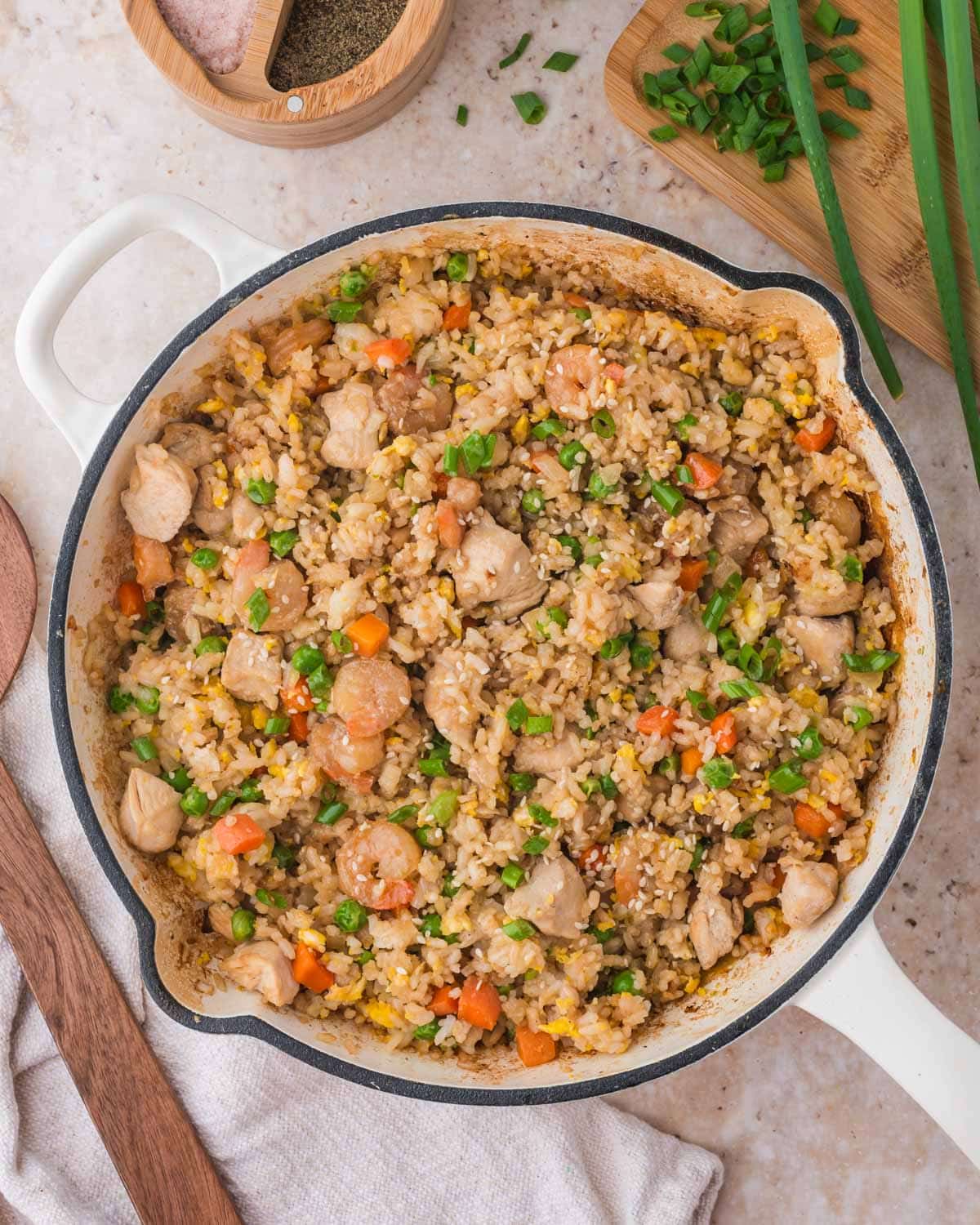 overhead view of shrimp and chicken fried rice