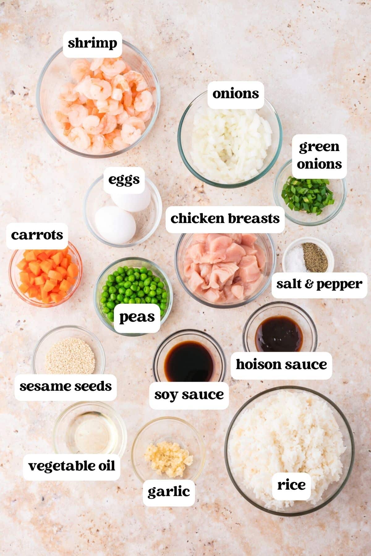 shrimp and chicken fried rice ingredients on a table