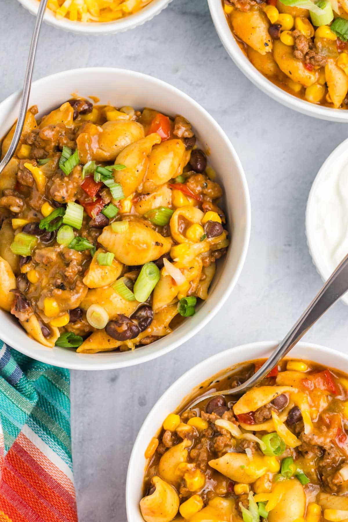 bowls of mexican pasta on a table