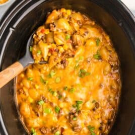 overhead view of taco pasta in a slow cooker