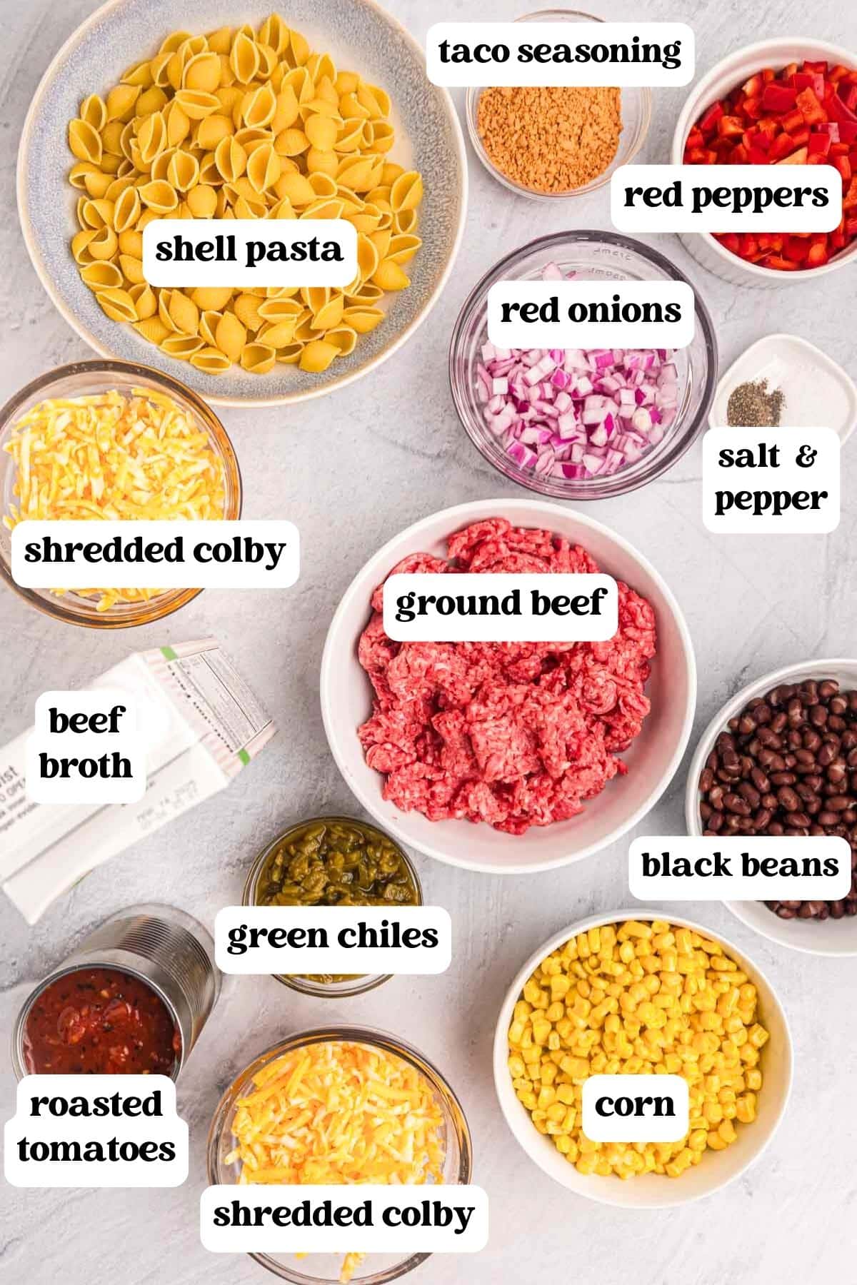 ingredients for taco pasta on a table