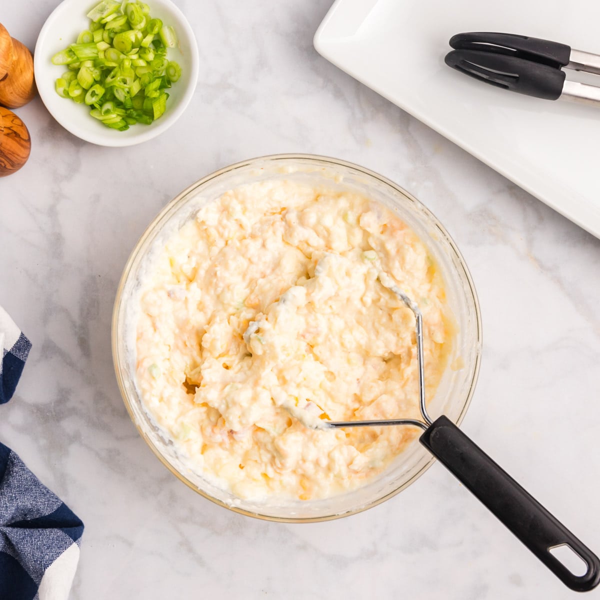 mashed potato filling for potato skins in a bowl