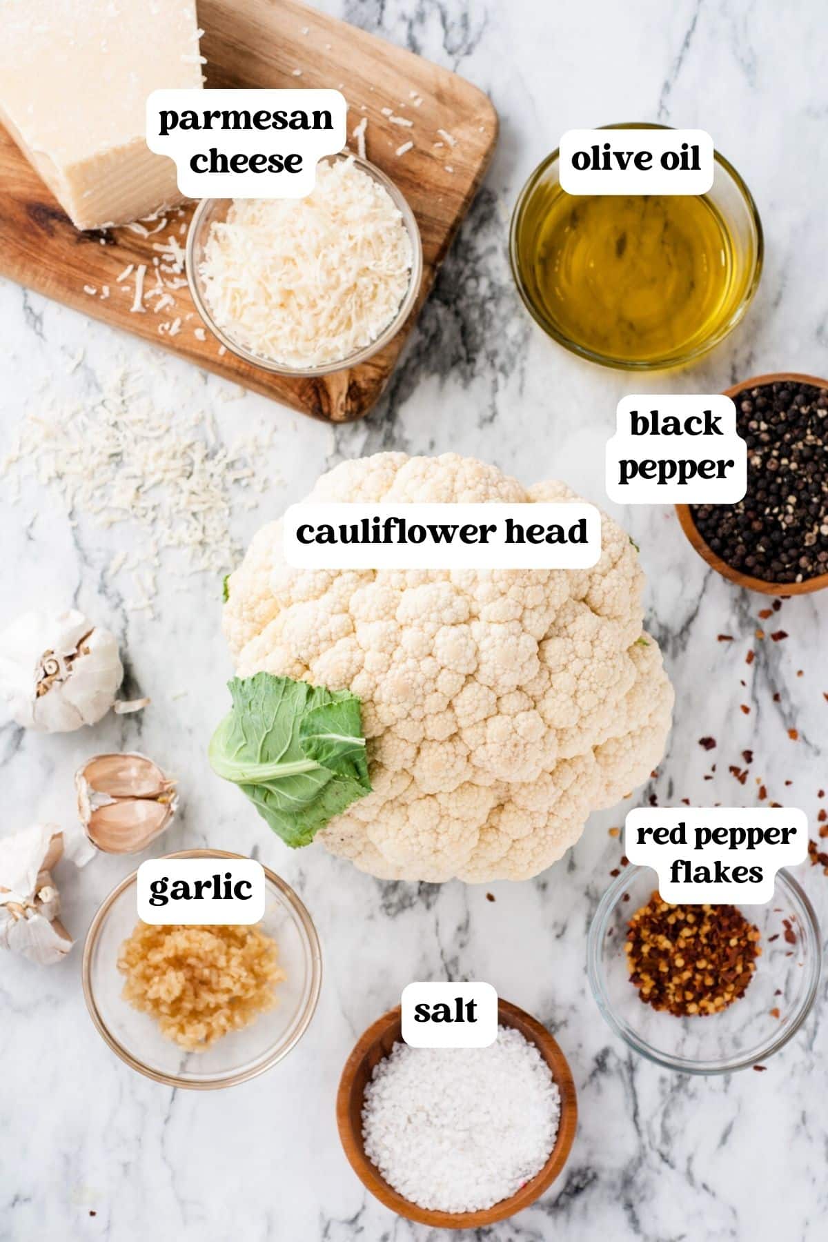 baked cauliflower ingredients on a table