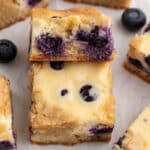 closeup of a blueberry cheesecake blondies