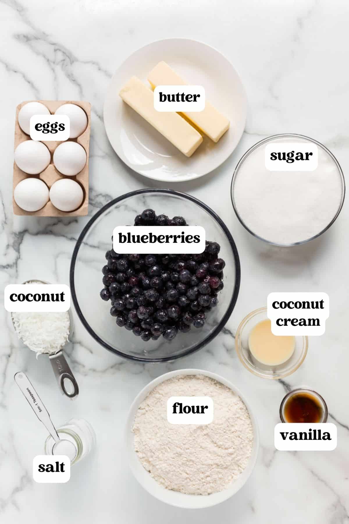 ingredients for blueberry coconut bars on a table