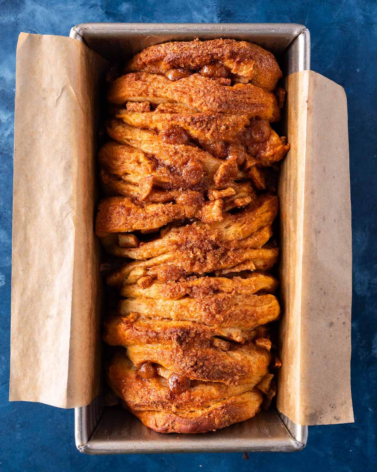 unbaked pull apart bread with apples and caramel