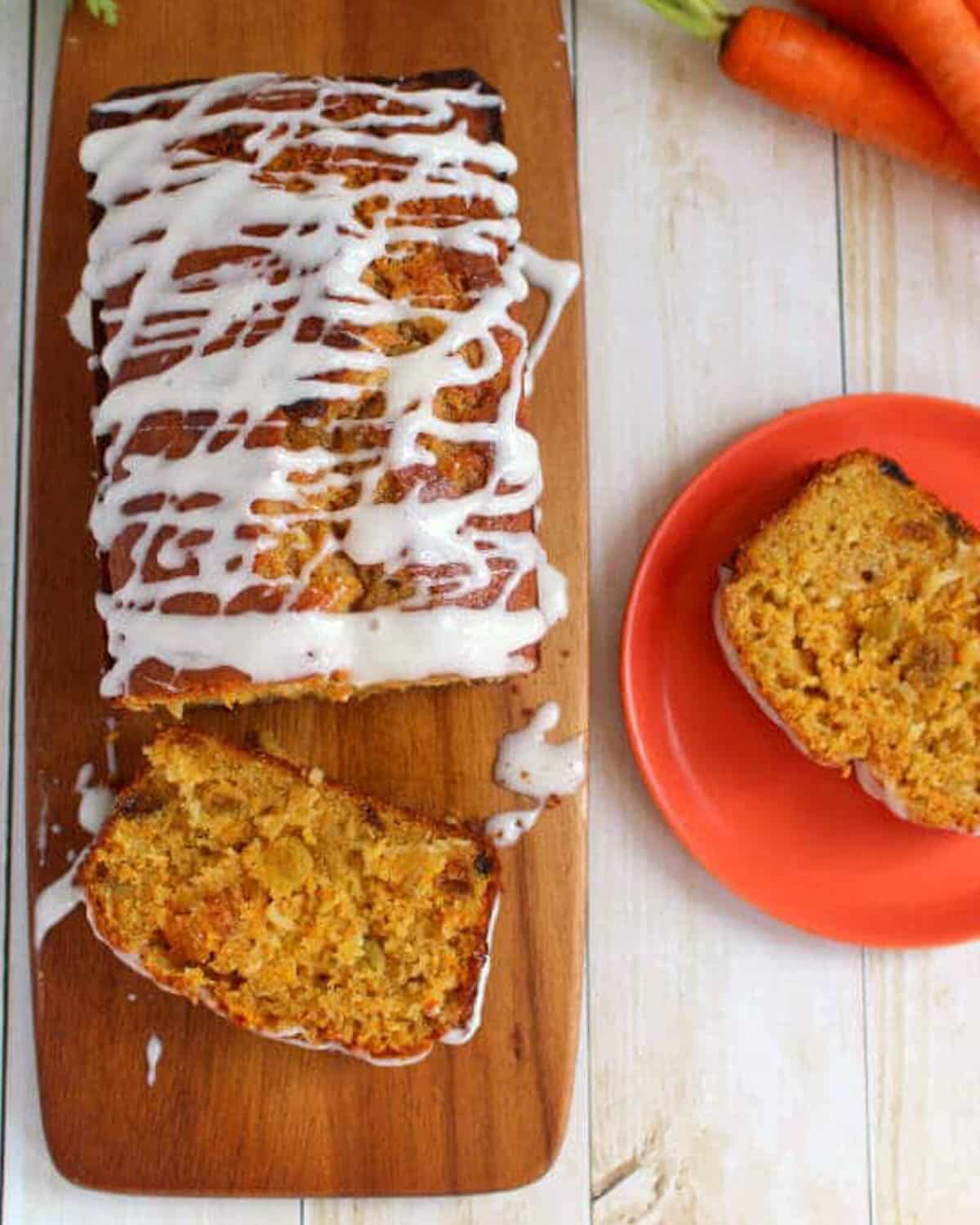 overhead view of glazed coconut carrot cake bread