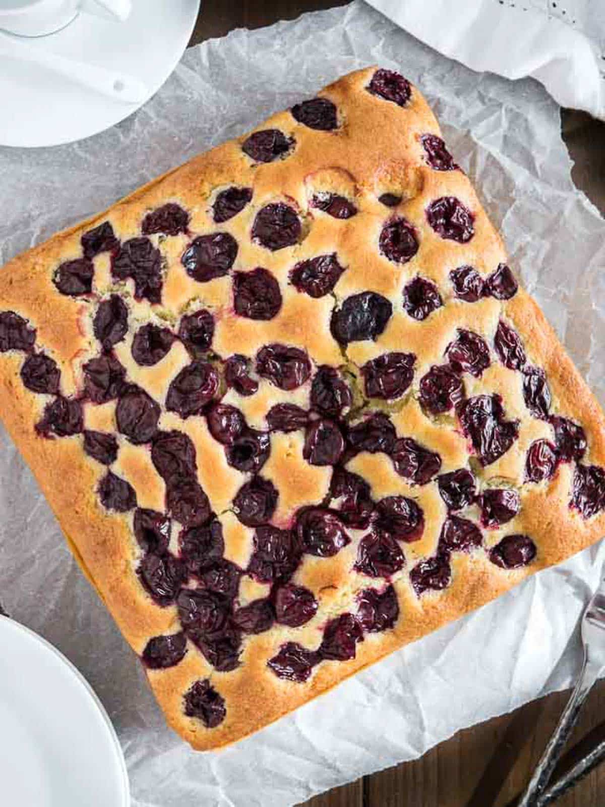 overhead view of canned cherry cake