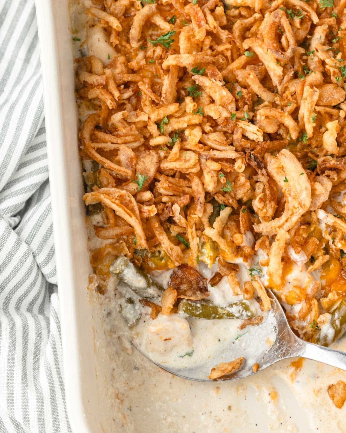 overhead view of chicken green bean casserole