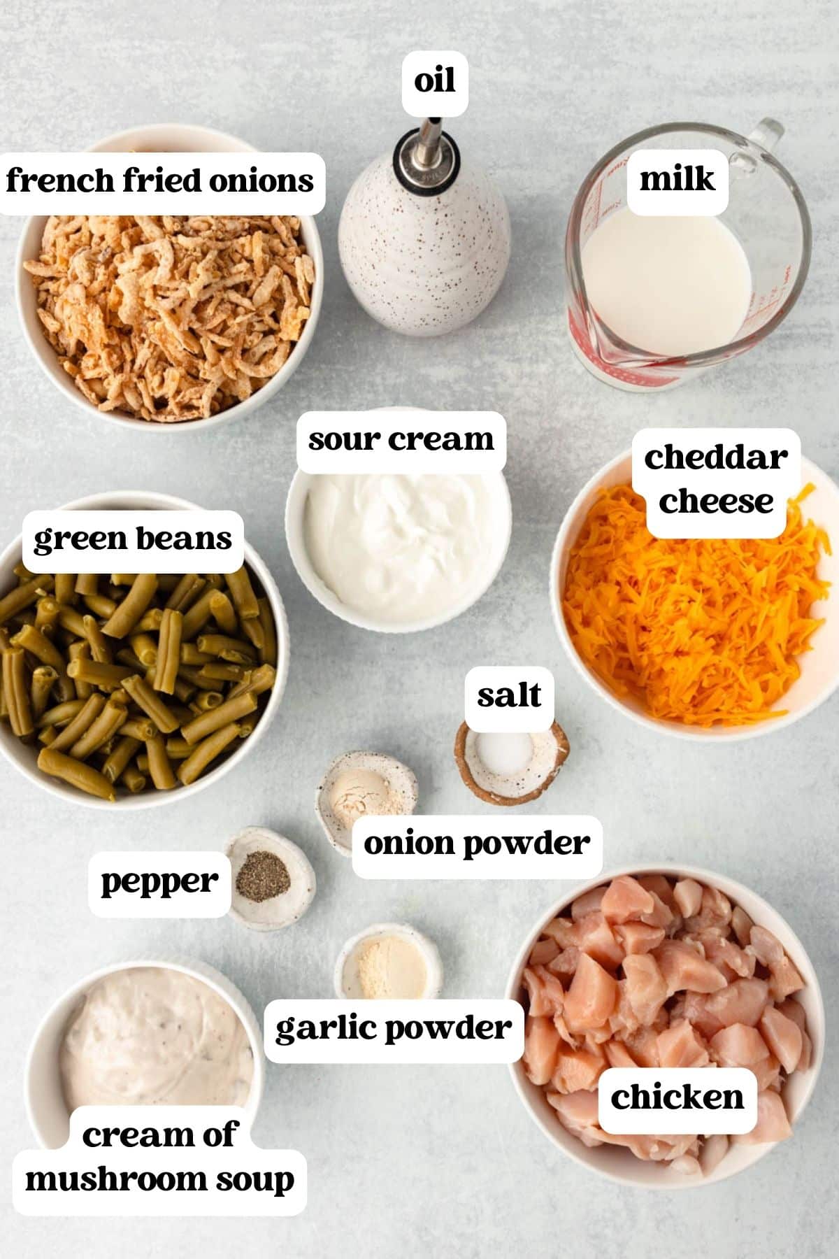 ingredients for chicken green bean casserole on a table