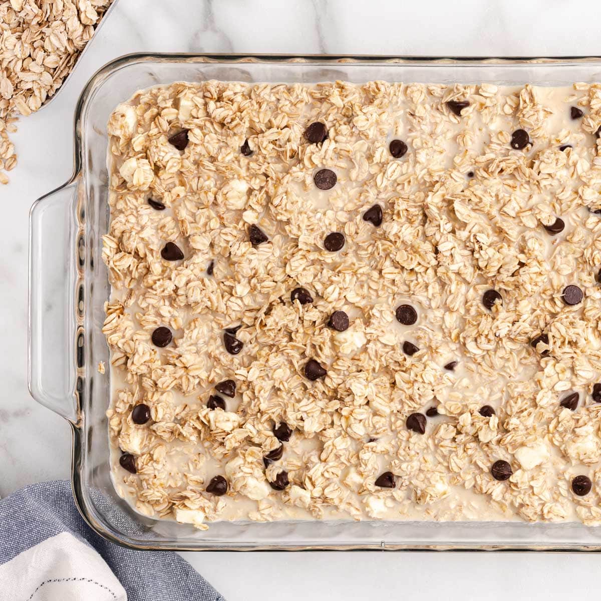 unbaked chocolate chip baked oatmeal in a pan