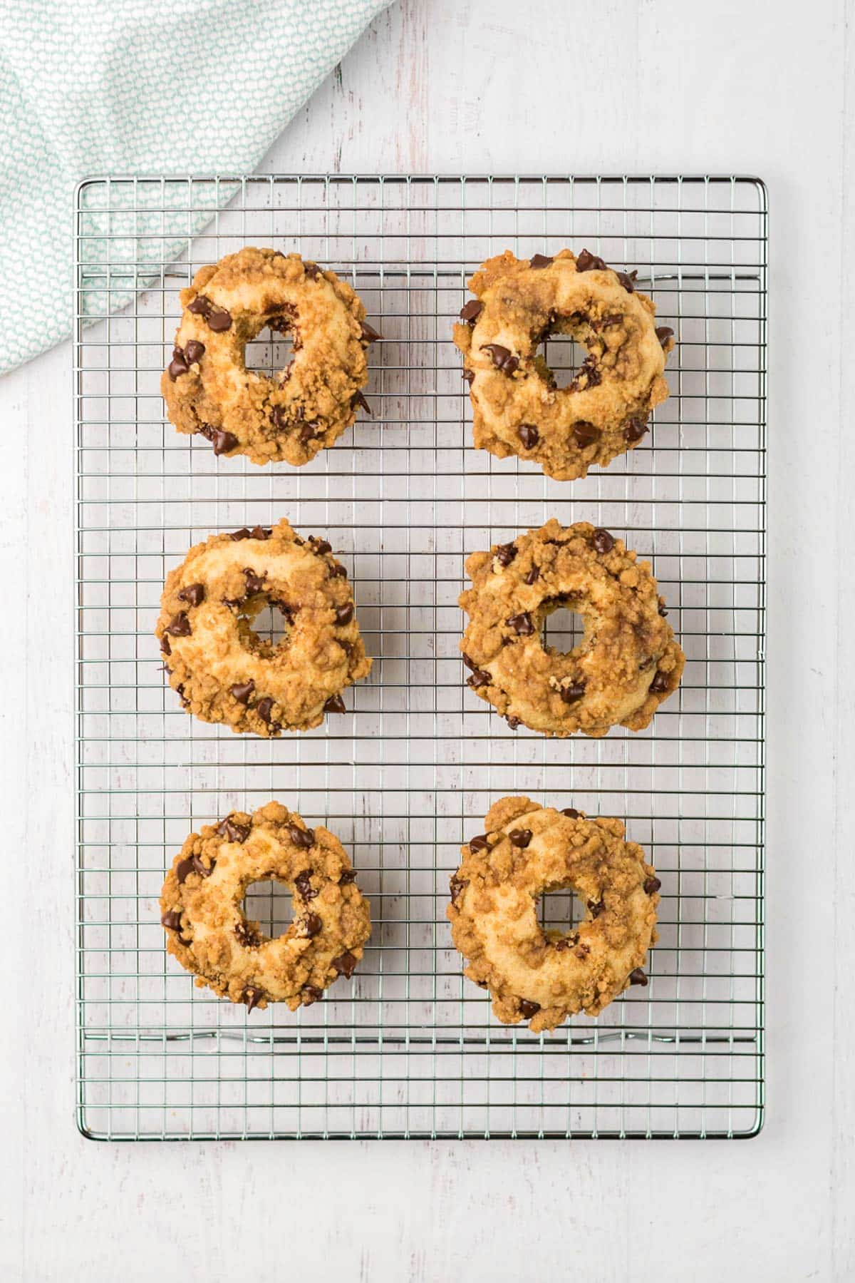 overhead view of chocolate chip donuts