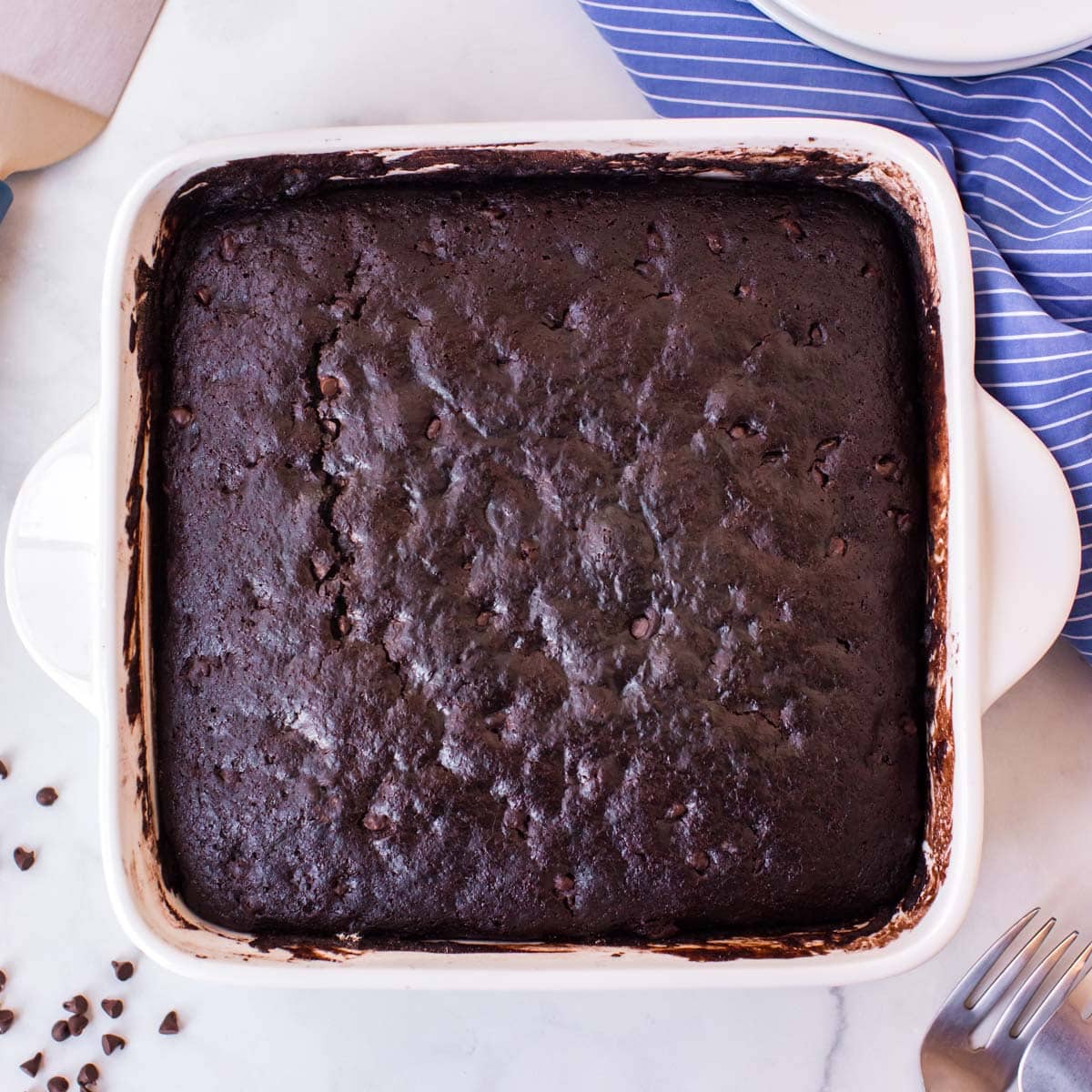 a baked cake in an 8x8" baking pan