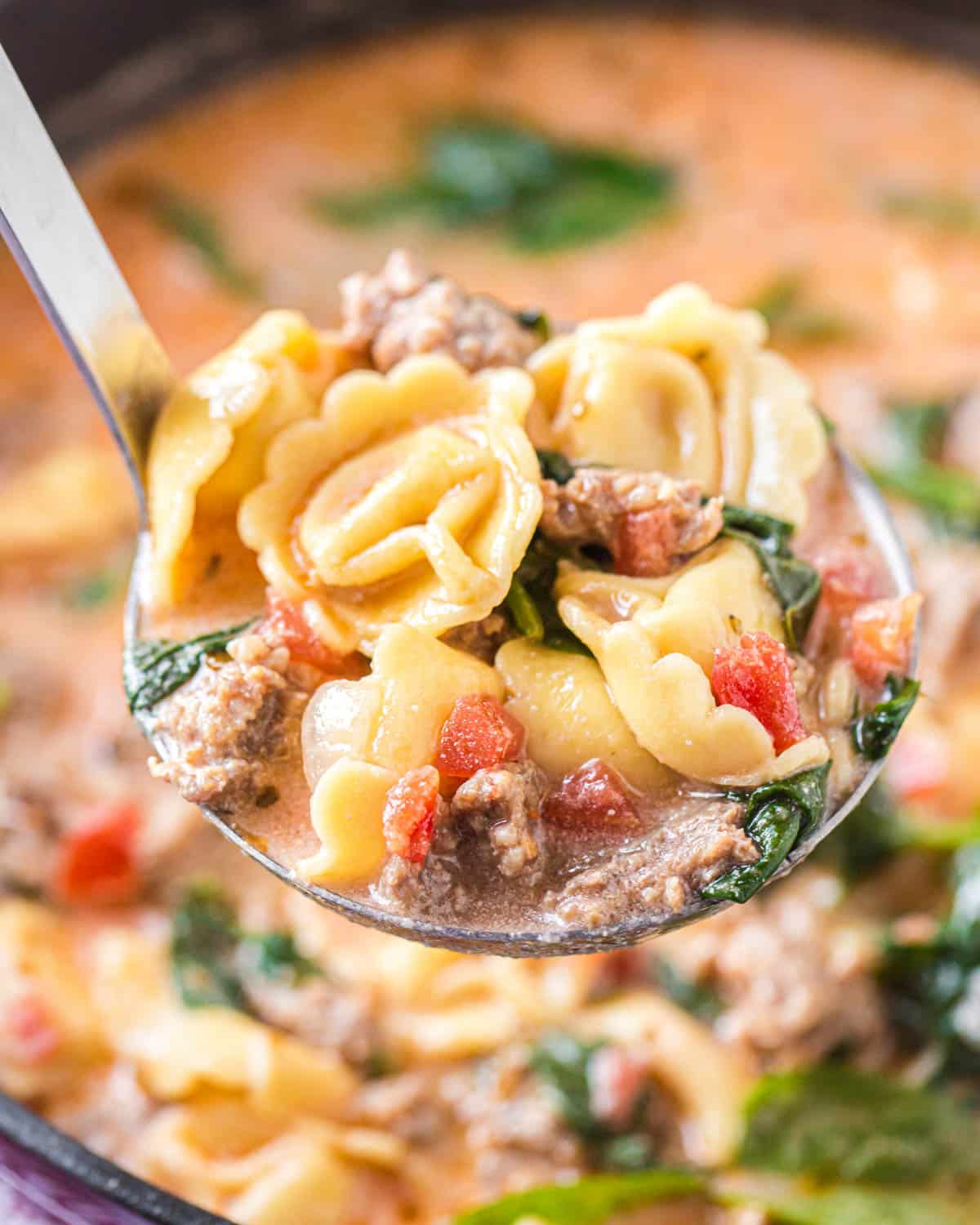 a ladle full of creamy tortellini soup with spinach