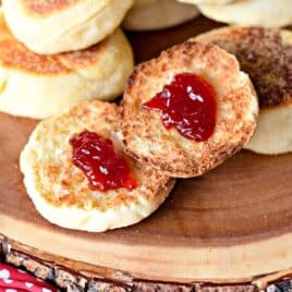 toasted english muffin with butter and jam