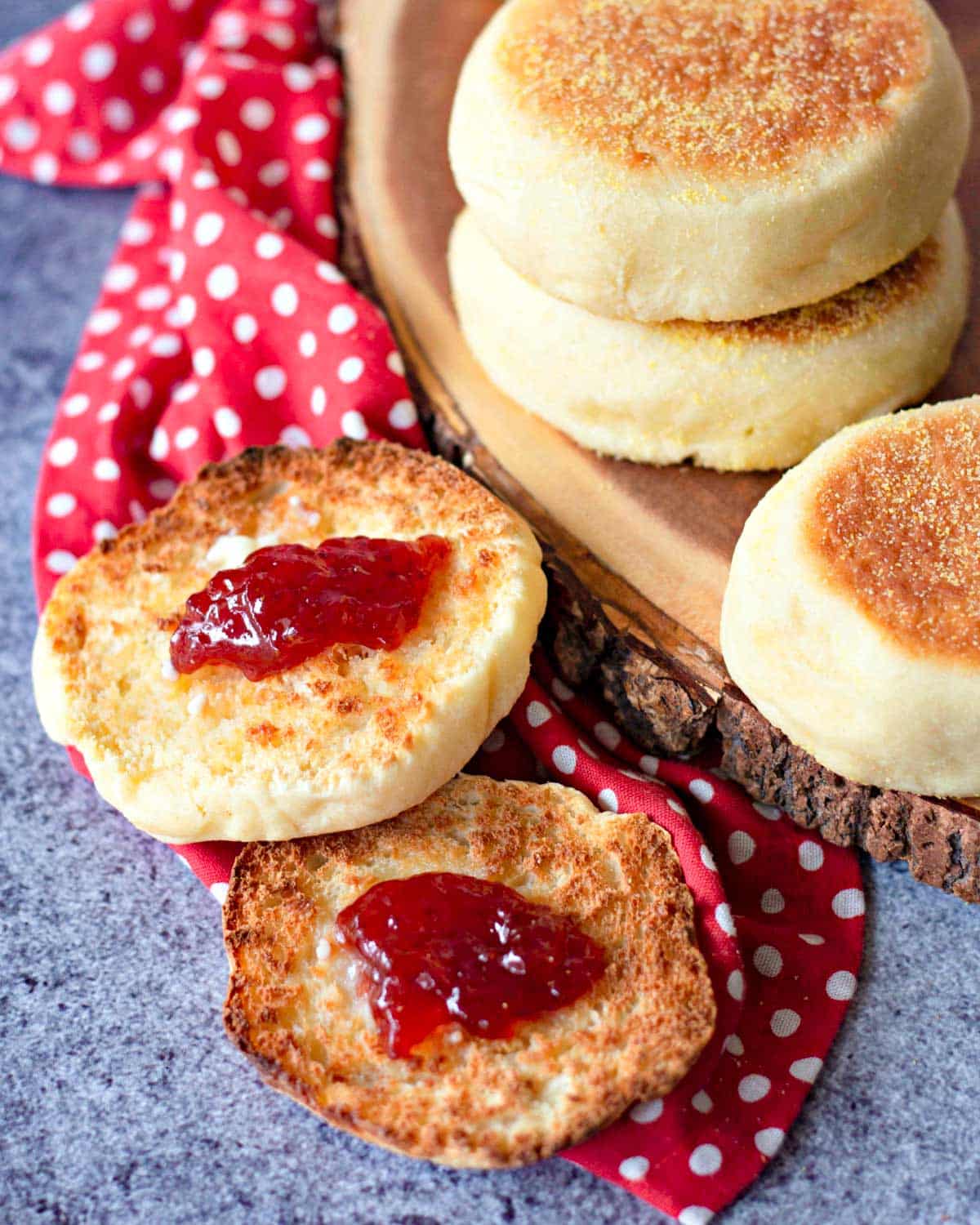 toasted english muffin with butter and jam