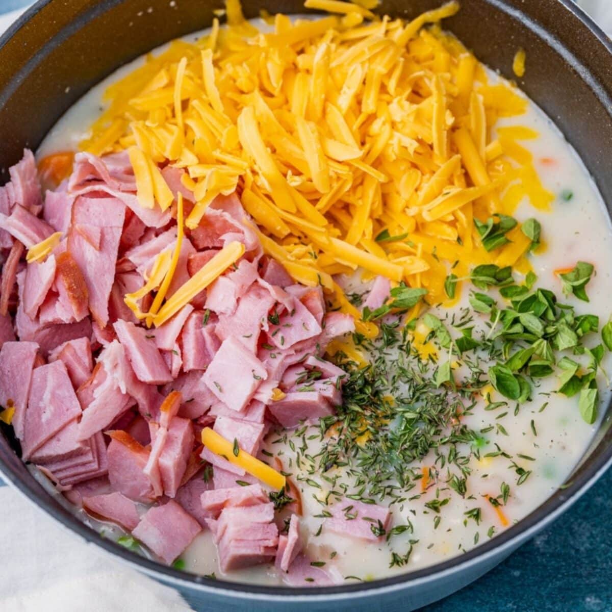 ingredients for ham pot pie in a pan