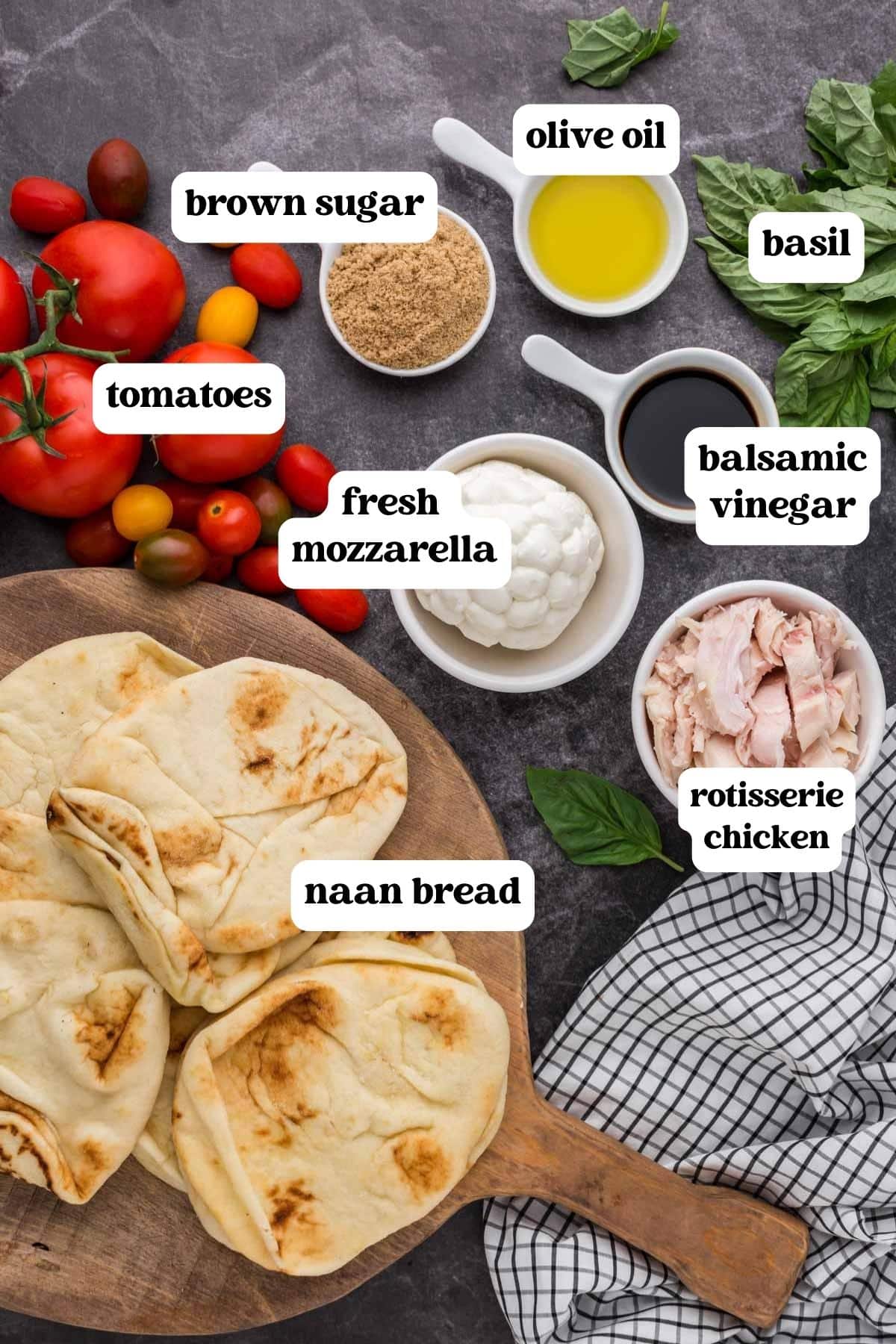 ingredients for chicken caprese pizza on a table