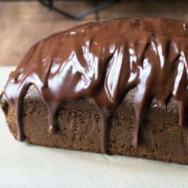 closeup of a glazed mocha pound cake