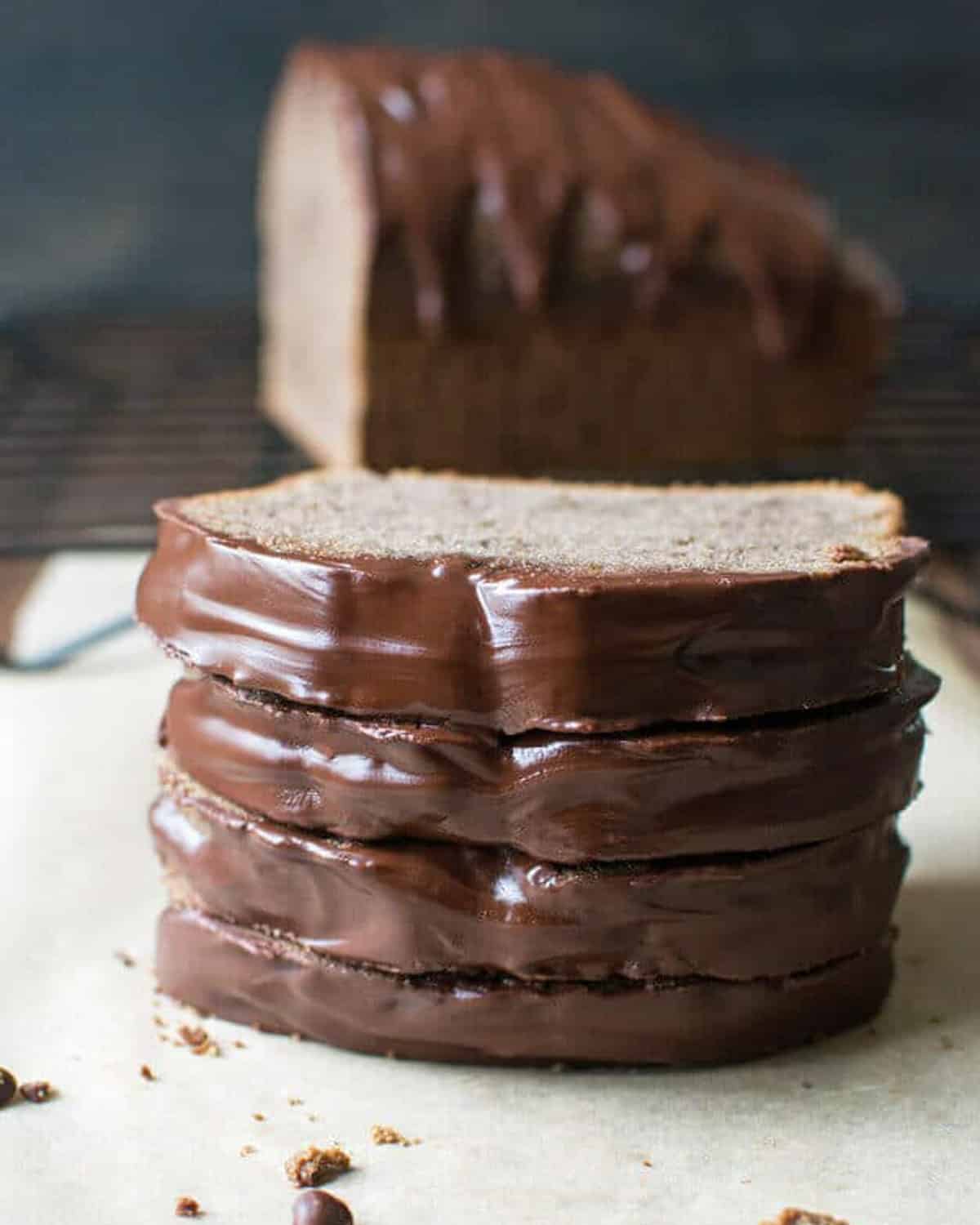 4 slices of chocolate mocha pound cake on a table