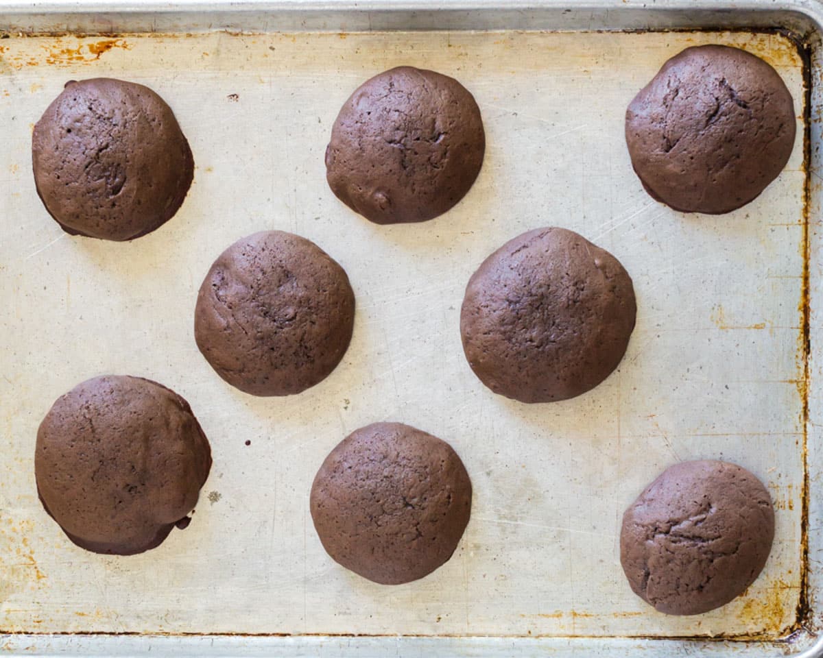 whoopie pie cakes on a baking sheet