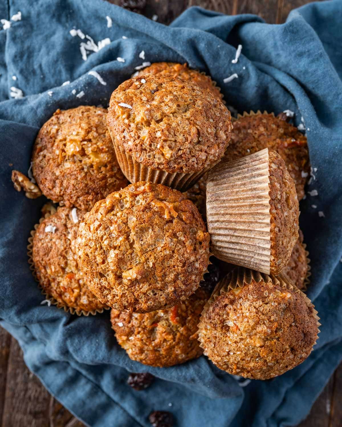 overhead view of a bowl of morning glory muffins