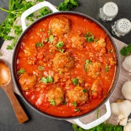 overhead view of dutch oven of paleo meatballs