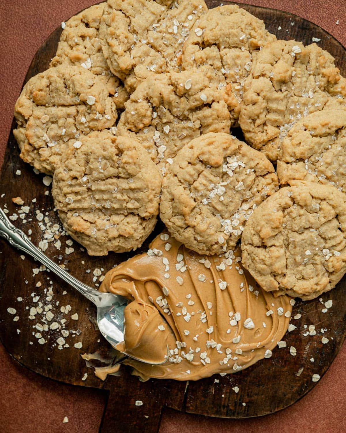 peanut butter and oatmeal cookies on a cutting board