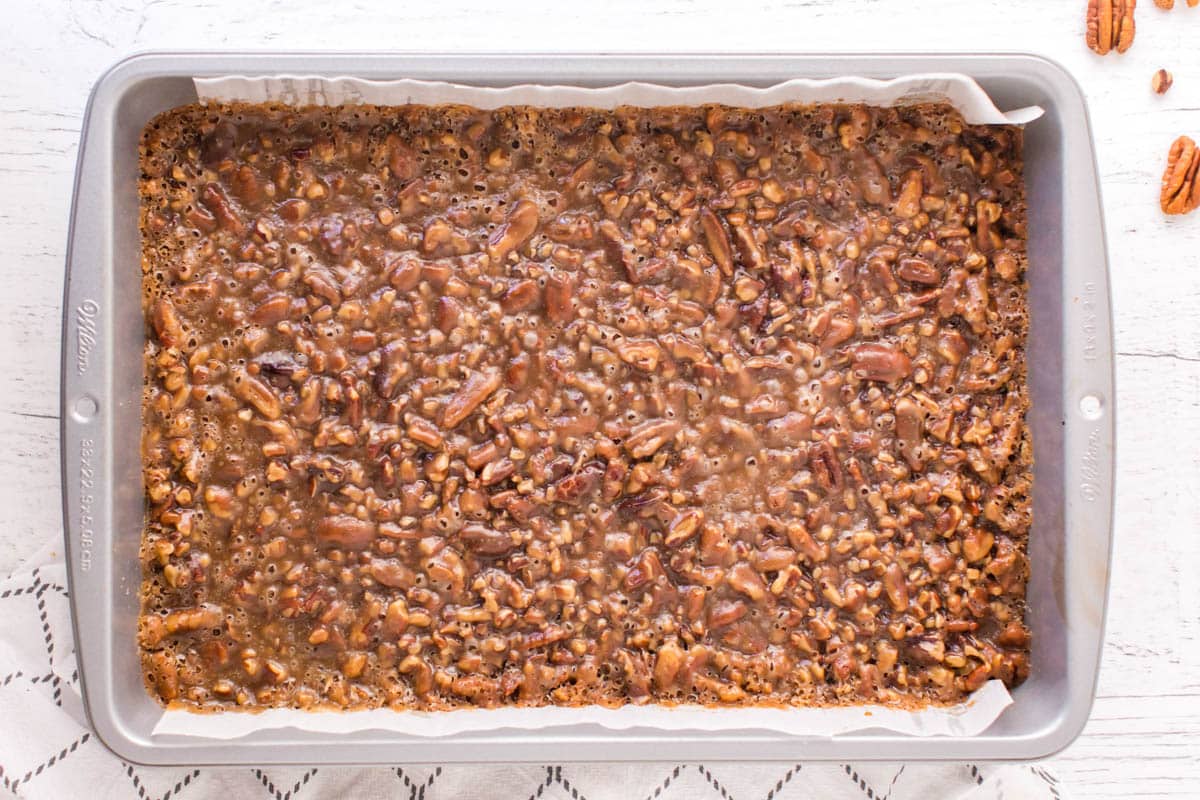 baked pecan pie bars in a 9x13" pan