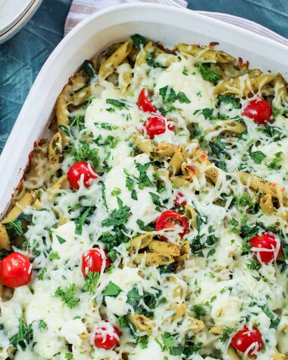 baked pesto pasta in a casserole