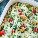 pasta with cheese and pesto in a casserole