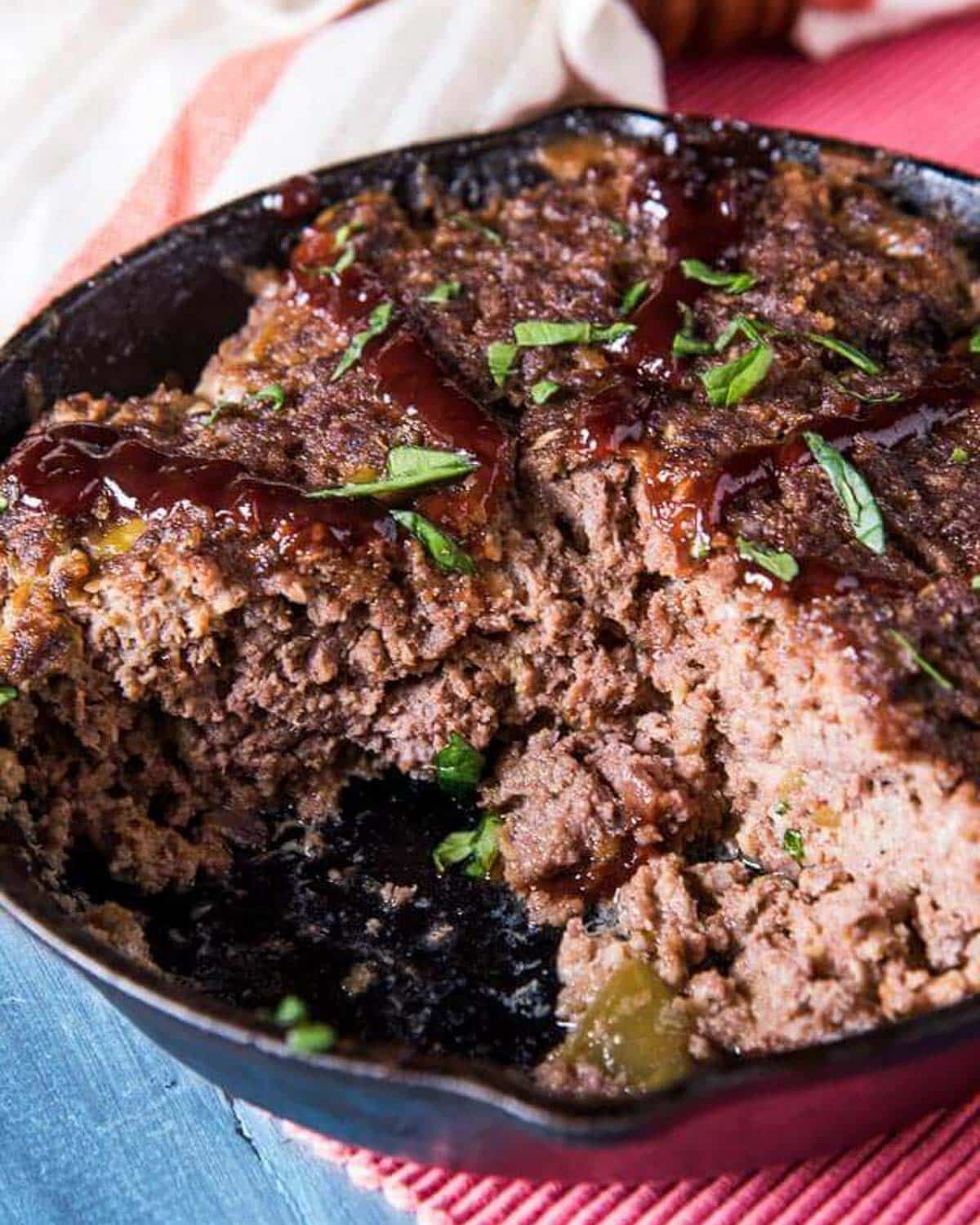 meatloaf baked in a cast iron skillet