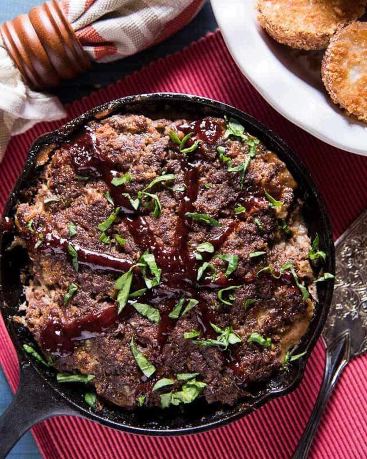 overhead view of skillet meatloaf