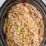 crockpot full of chicken spaghetti