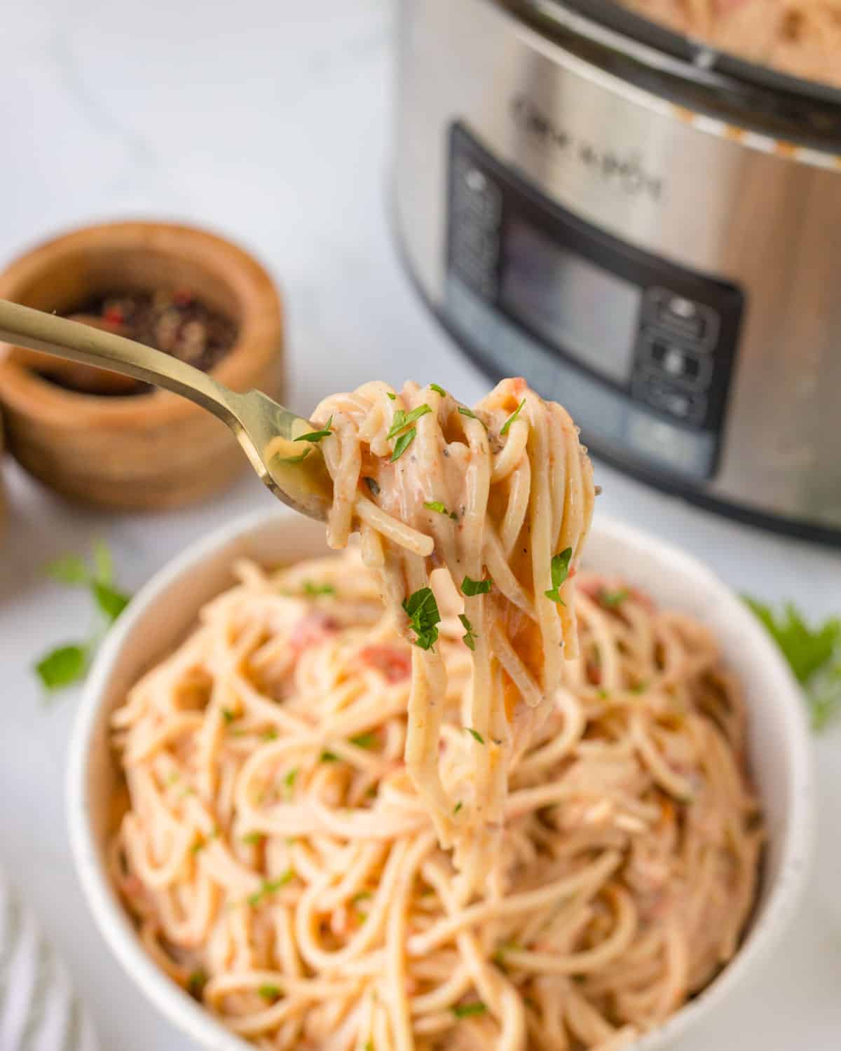 a forkful of chicken spaghetti