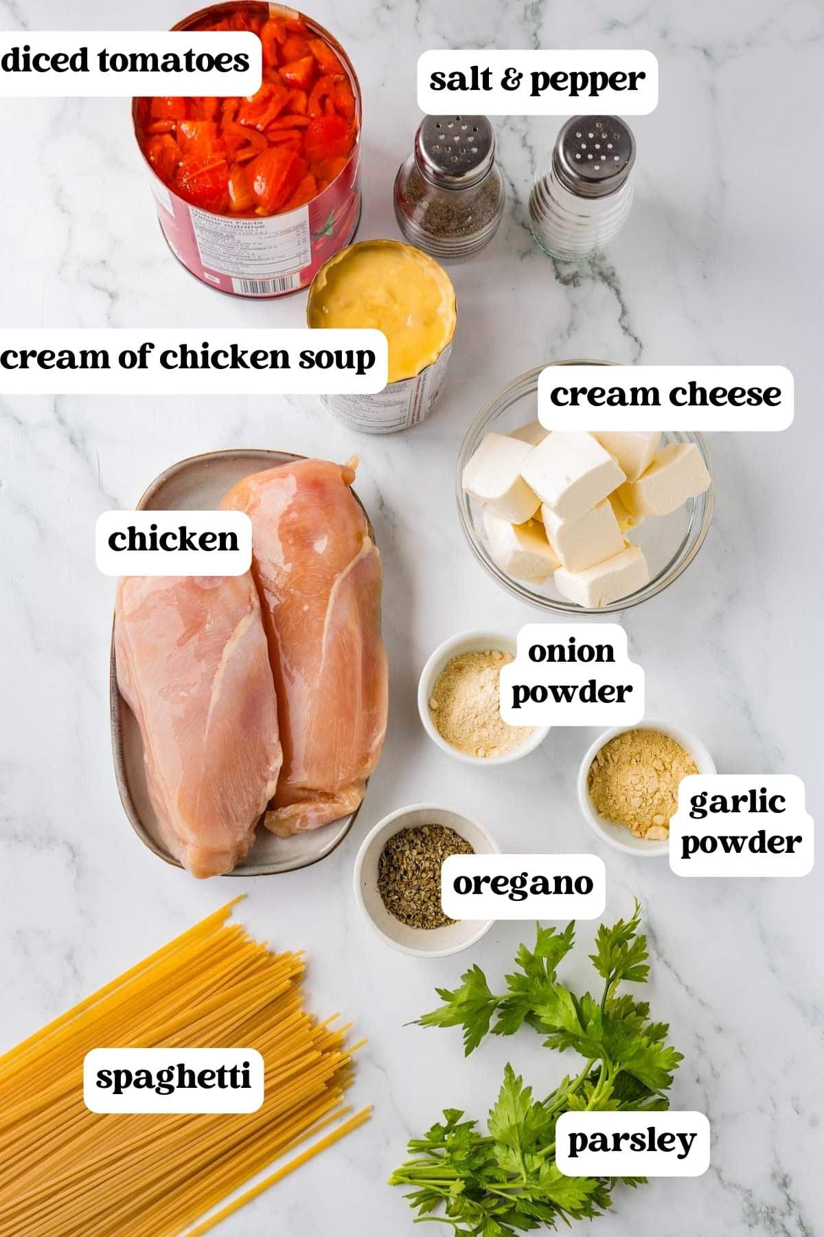 ingredients for creamy chicken spaghetti on a table