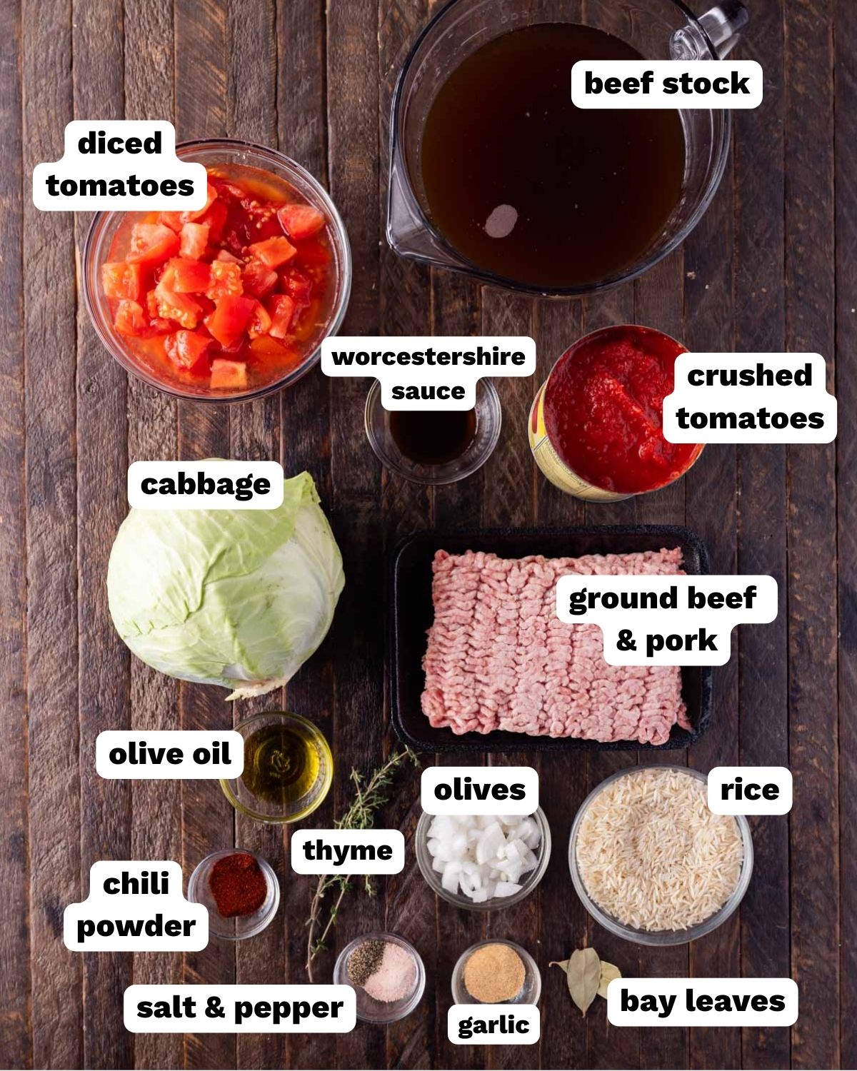 ingredients for stuffed cabbage soup on a table