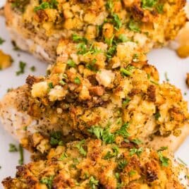 closeup of chicken breasts stuffed with stovetop stuffing