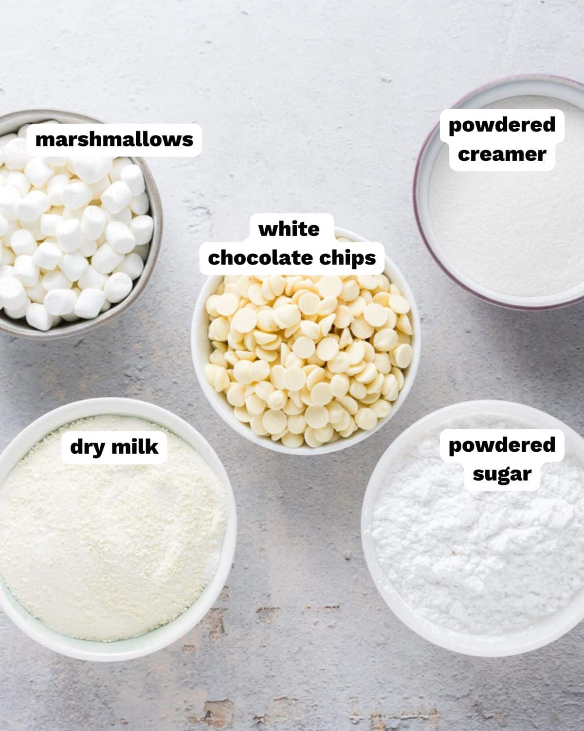 ingredients for white hot chocolate mix on a table