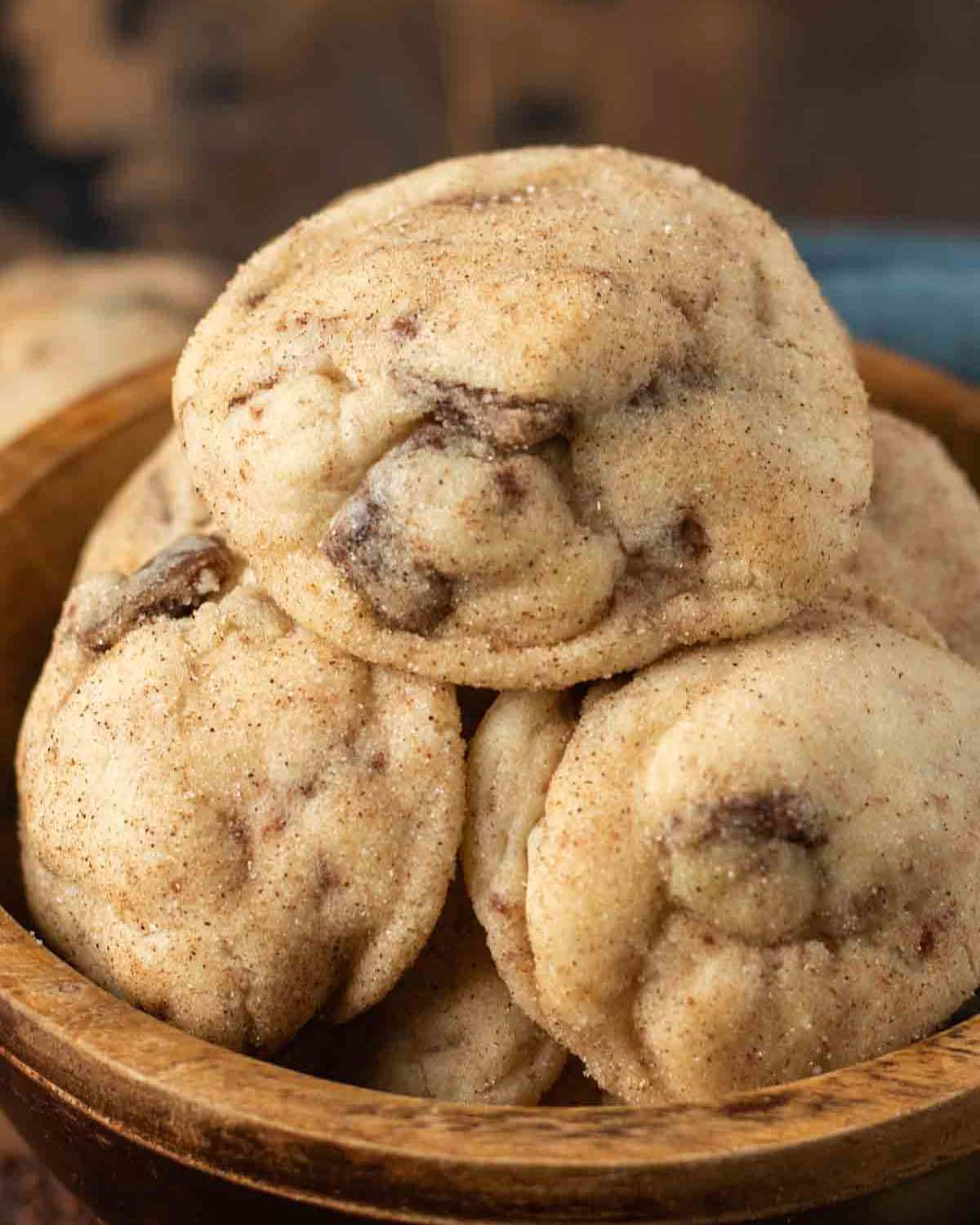 a stack of snickerdoodle cookies in a bowl