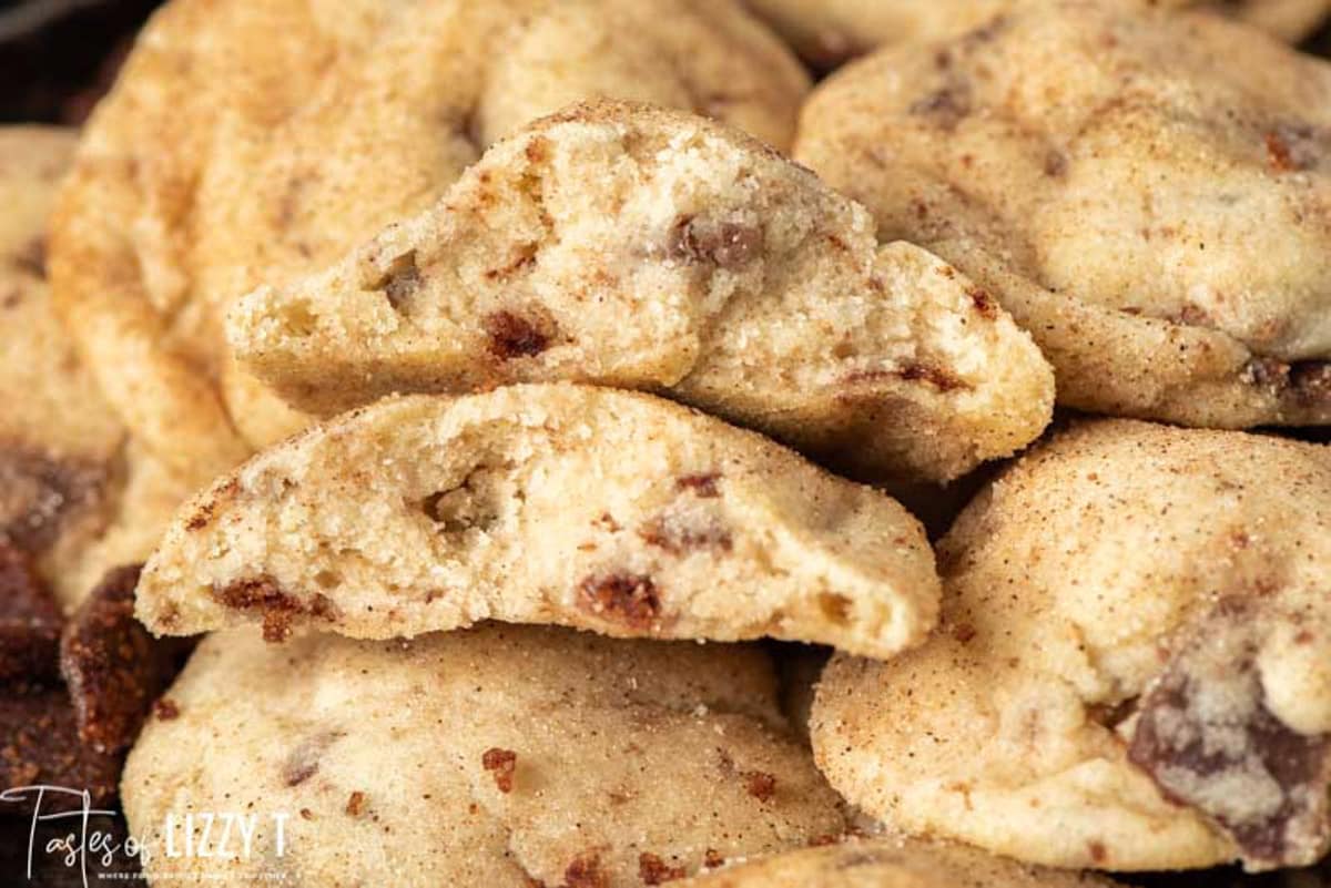 a snickerdoodle cookie with cinnamon chips cut in half