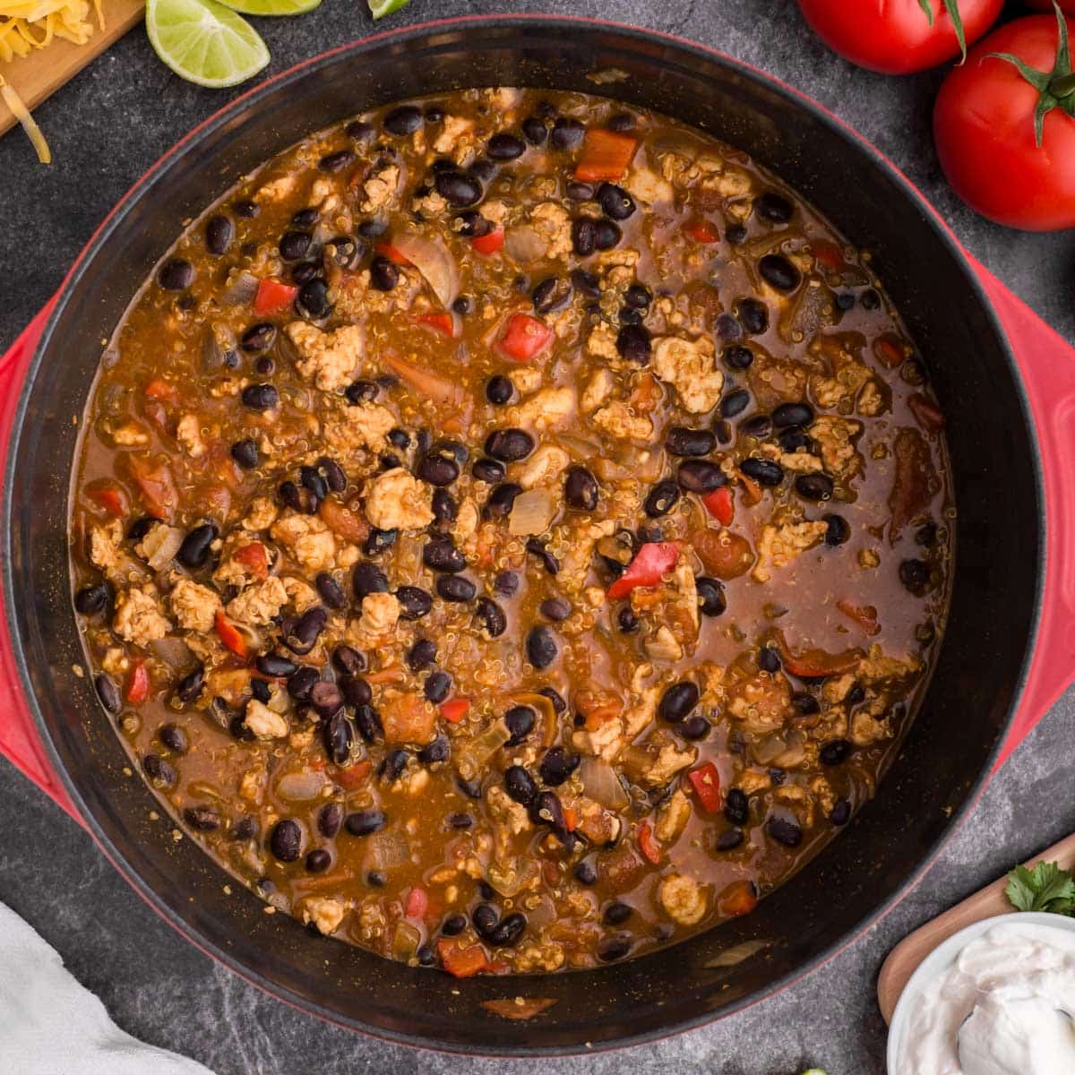 black bean chicken chili in a soup pot