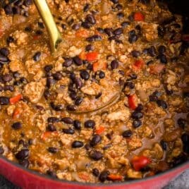 closeup of black bean chicken chili with quinoa