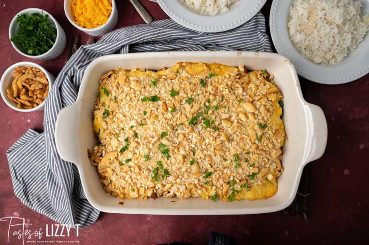 overhead view of baked chicken broccoli casserole with ritz crackers